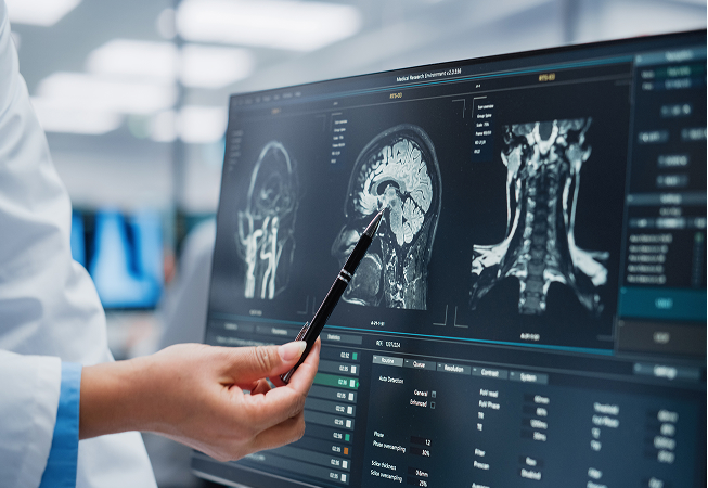 Brain scan image on a screen with a doctor point at it with a pen.